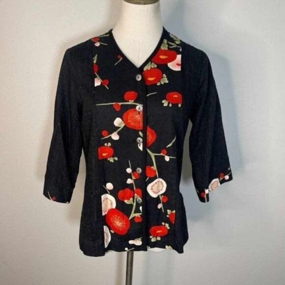 Vintage Naturally Petite S Small Light Jacket Hawaii Black Red Floral